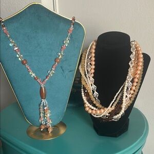 2 Piece Faux Gemstone Bead Lariat Tassel and Layered Multi-Color Beaded Necklace